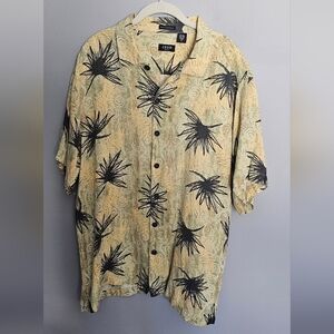 IZOD Mens XL Hawaiian Shirt Linen Silk Tropical Floral Button Up Yellow Black